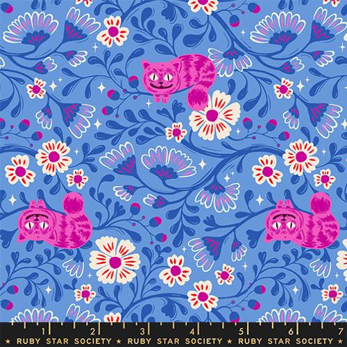 dark blue vines with pink and white florals on a light blue background with the pink Cheshire cat featured through out