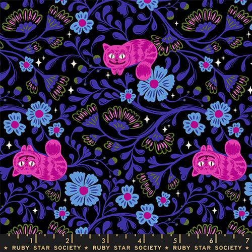 purple vines with pink and light blue florals on a black background with the pink Cheshire cat featured through out