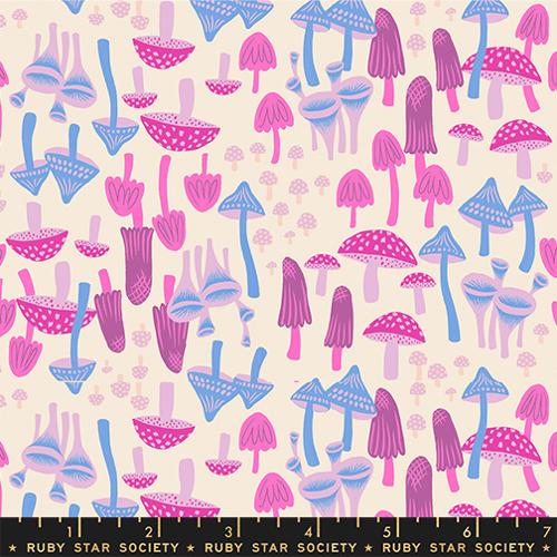 various mushroom shapes in blue, purple and pink on an off white background