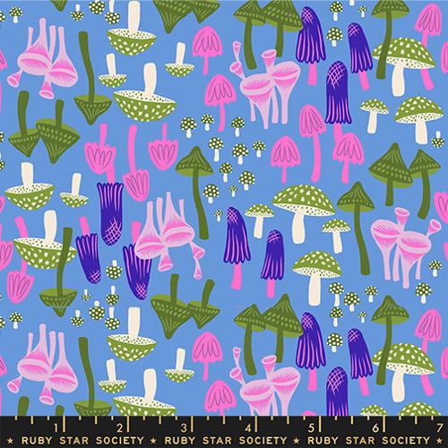 various mushroom shapes in dark purple, green, and pink on a light blue background