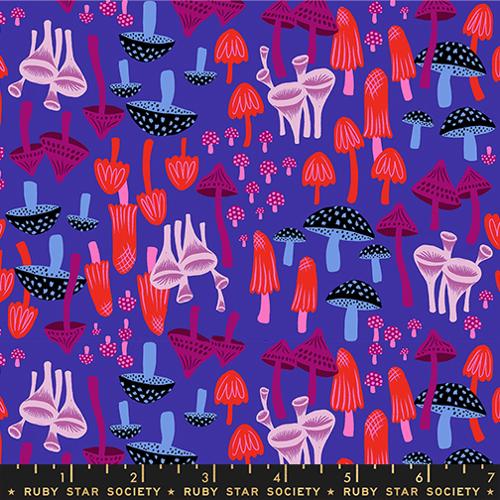 various mushroom shapes in blue, black, red, light purple, and pink on a deep purple background