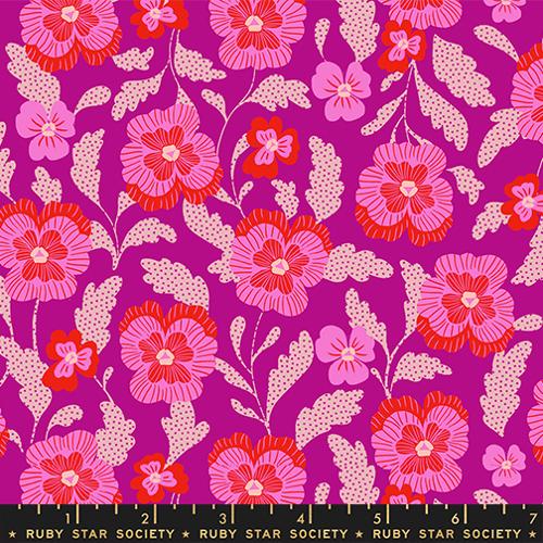 illustrated design of violet flowers in red and pink on a bright purple background