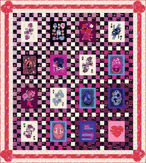 a purple, pink, black, and white checkerboard quilt with various Alice in Wonderland themed panels, floral red and white border, and heart corners