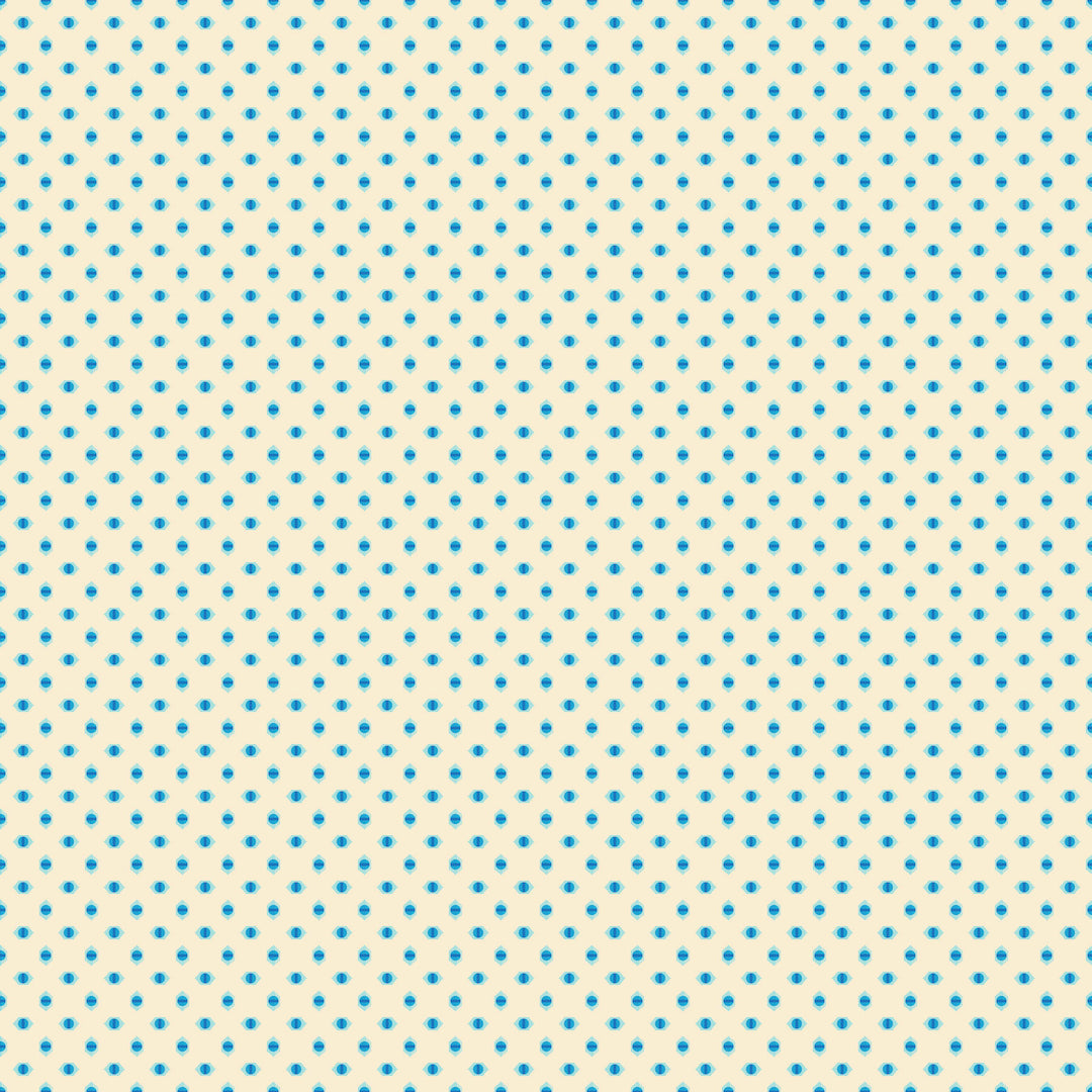 fabric swatch with a cream background dotted with blue dots in a geometric pattern, each surrounded by lighter colored diamonds