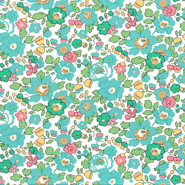 Green, pink, and gold flowers on a white background