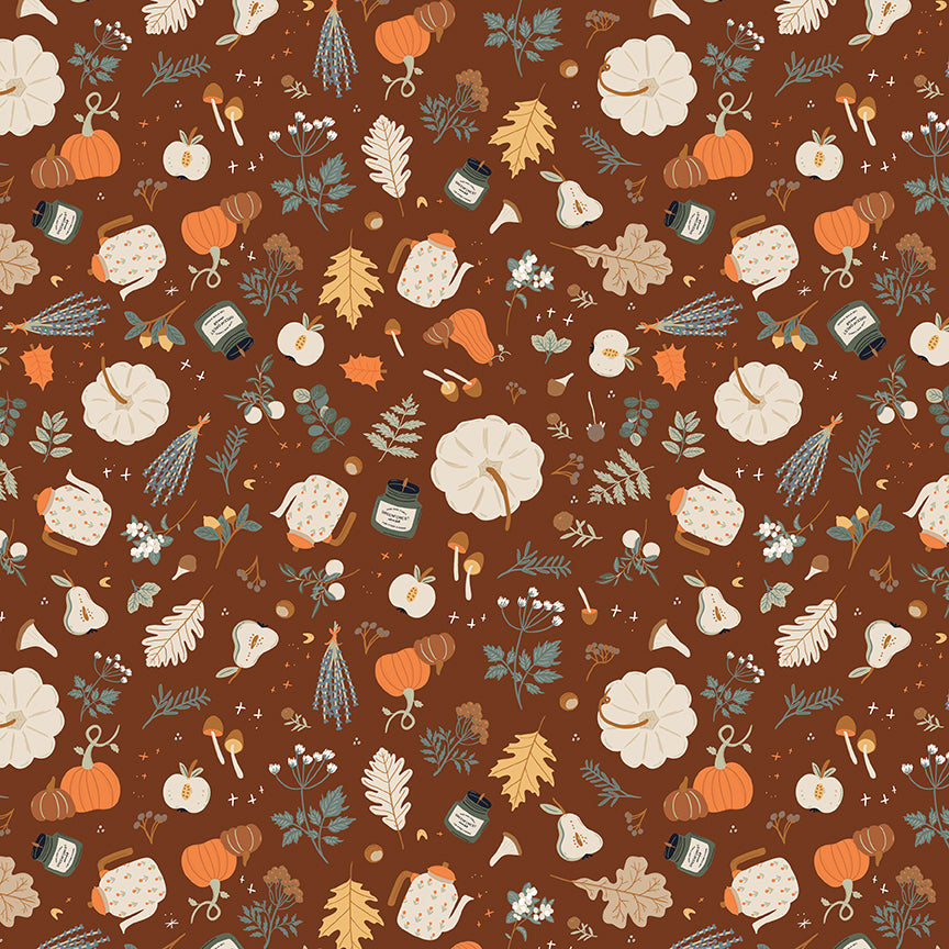 Brown fabric with pumpkins, leaves, and other fall related items