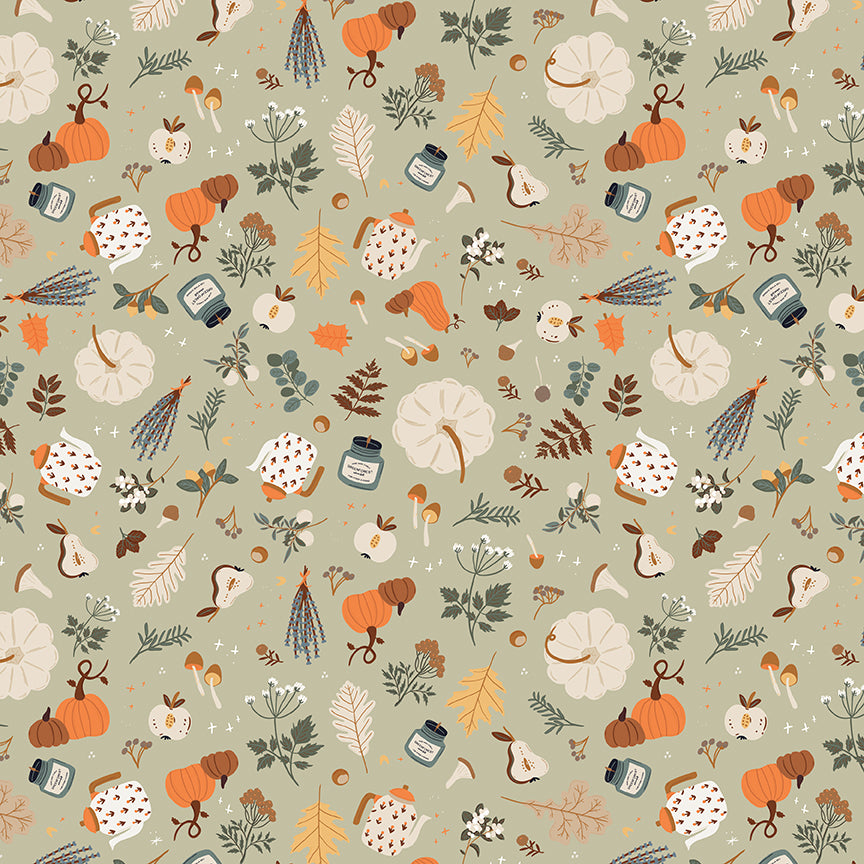 Sage background fabric with pumpkins, leaves, and other fall related items