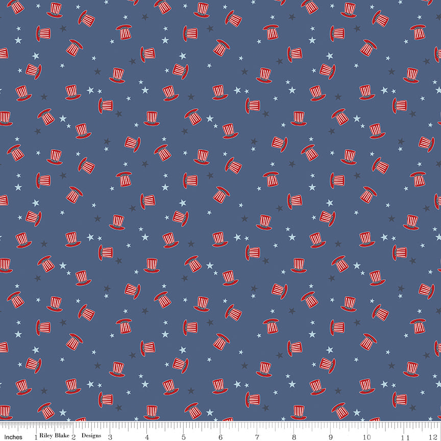 Blue background with red Uncle Sam hats and blue stars