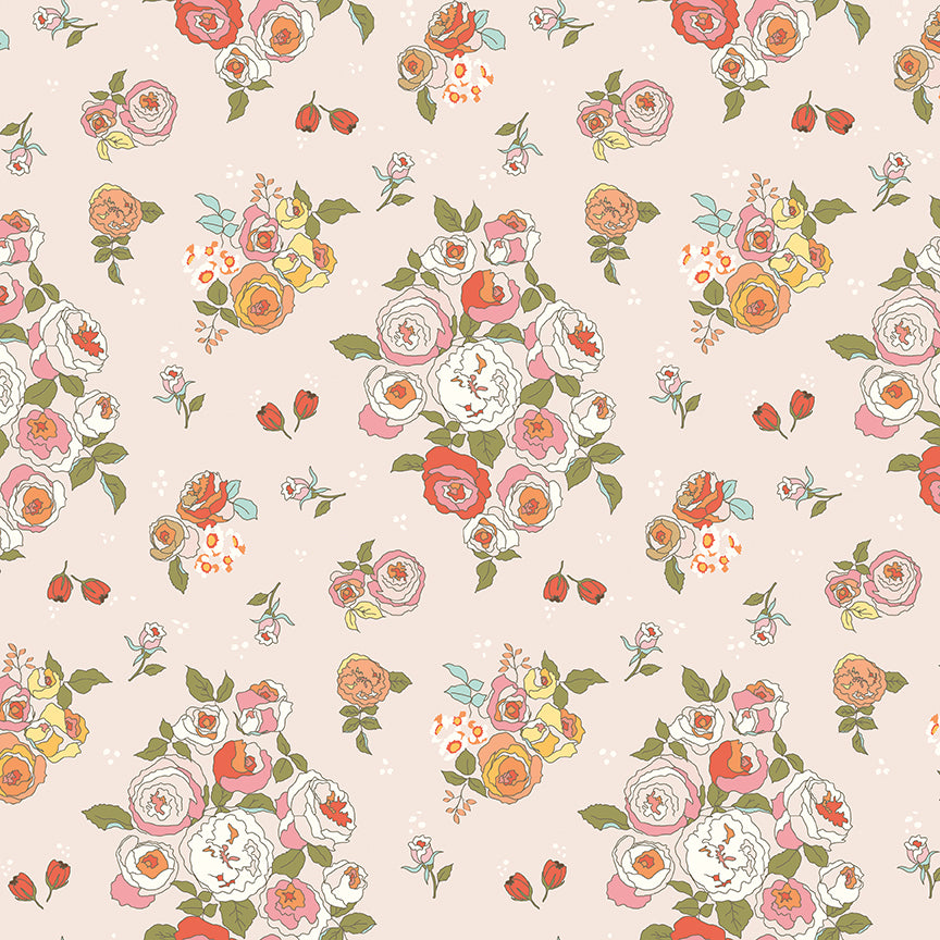 Pink background with colorful roses