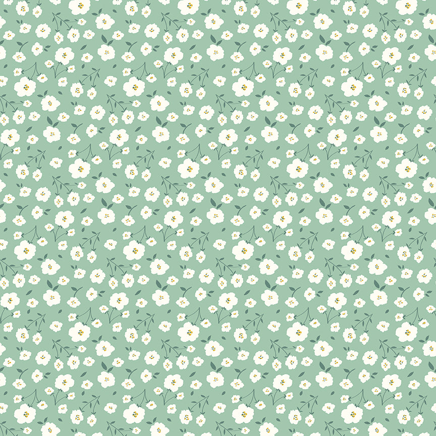 Green seafoam background with white small flowers