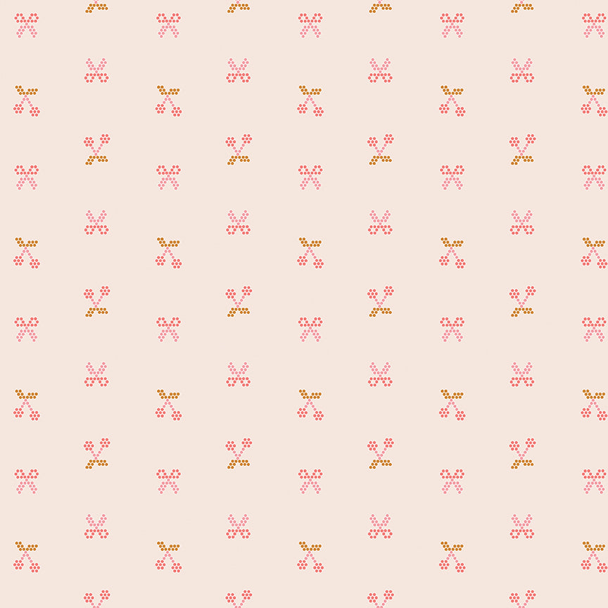 Pink background with pixelated cherries and scissors.