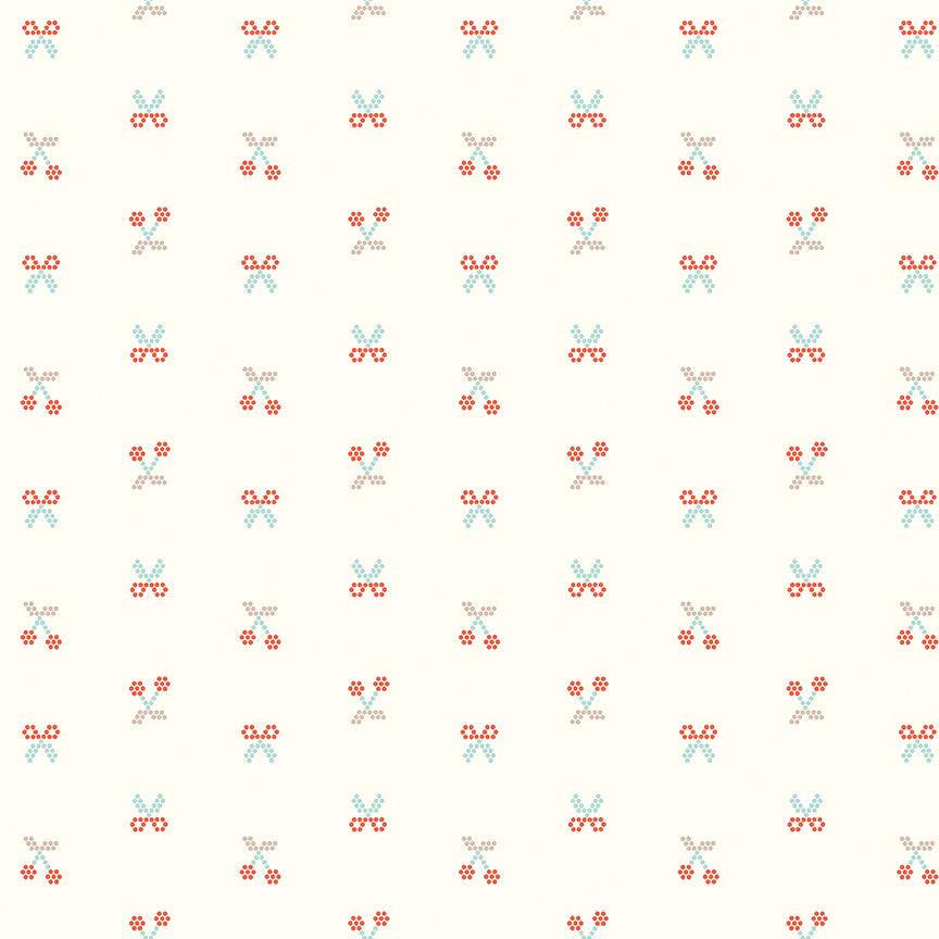 Cream background with pixelated cherries and scissors.