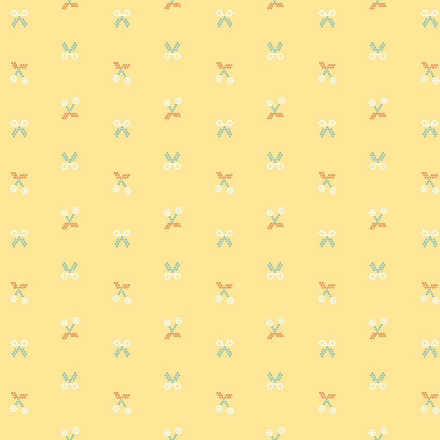 Yellow background with pixelated cherries and scissors.