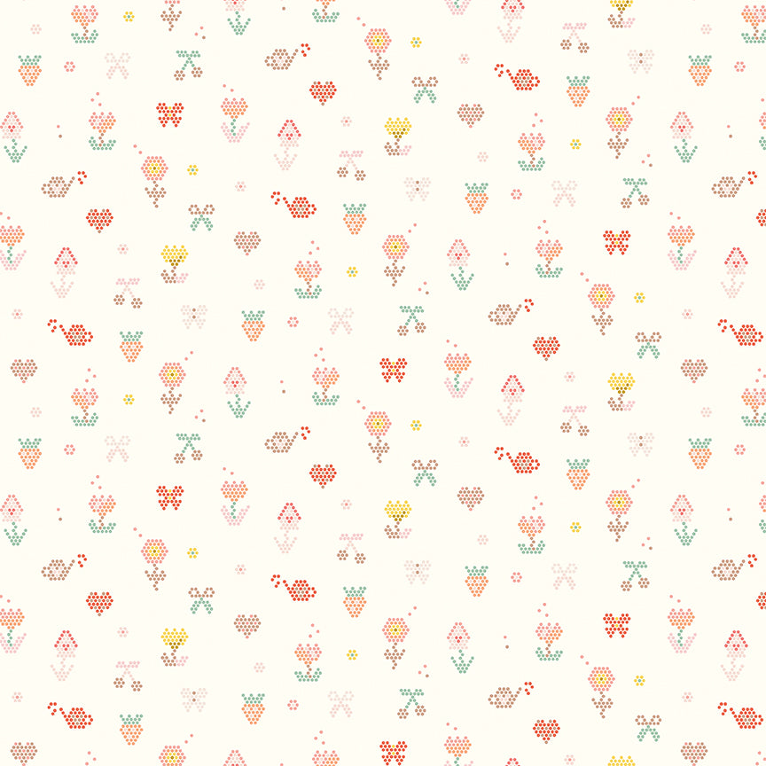 Cream background with pixelated flowers, birdhouses, strawberries, cherries, and more.