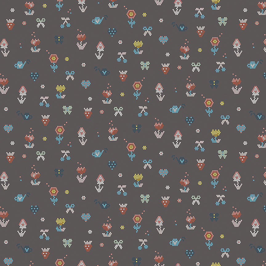Dark grey background with pixelated flowers, birdhouses, strawberries, cherries, and more.