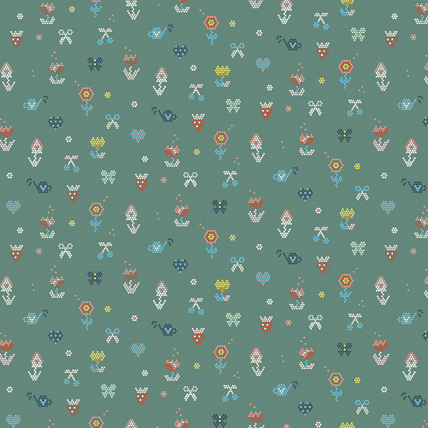 Green background with pixelated flowers, birdhouses, strawberries, cherries, and more.