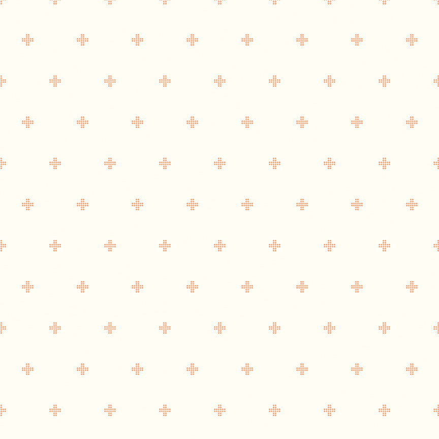 Cream background with an array of pink pixelated crosses.