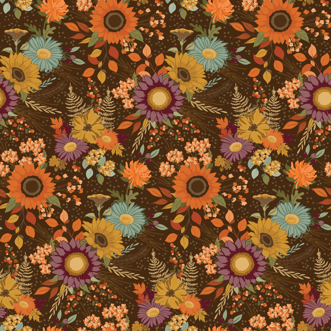 Colorful floral pattern on a brown background