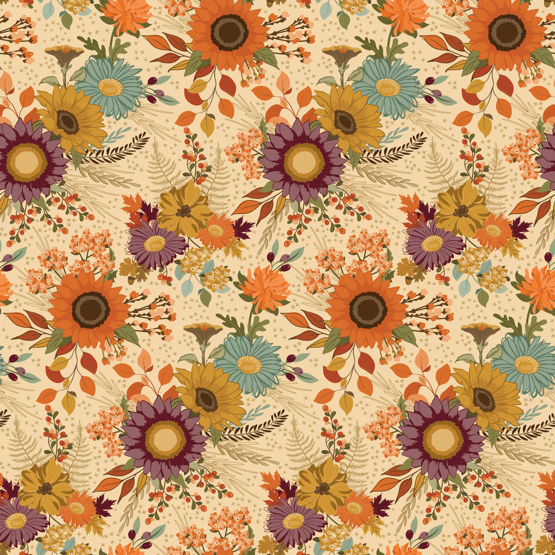Colorful floral pattern with sunflowers, daisies, and other flowers on a beige background.
