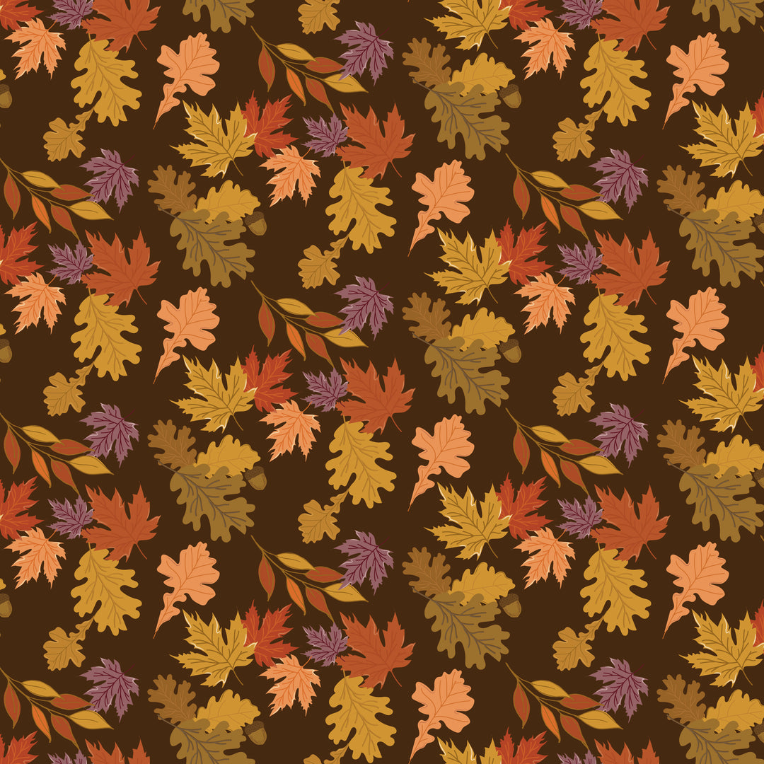 Pattern of colorful autumn leaves on a brown background