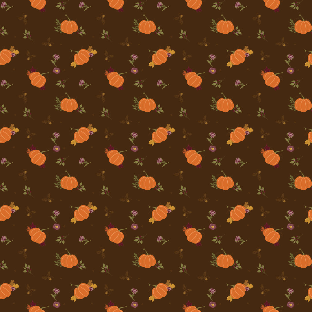Pattern of orange pumpkins and green leaves on a brown background