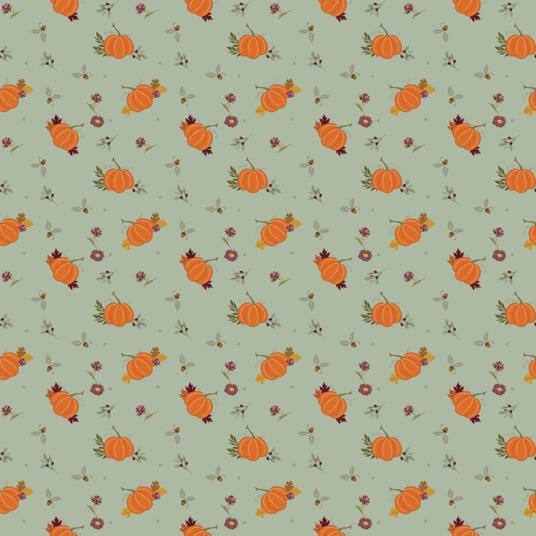 Pattern of orange pumpkins and flowers on a green background