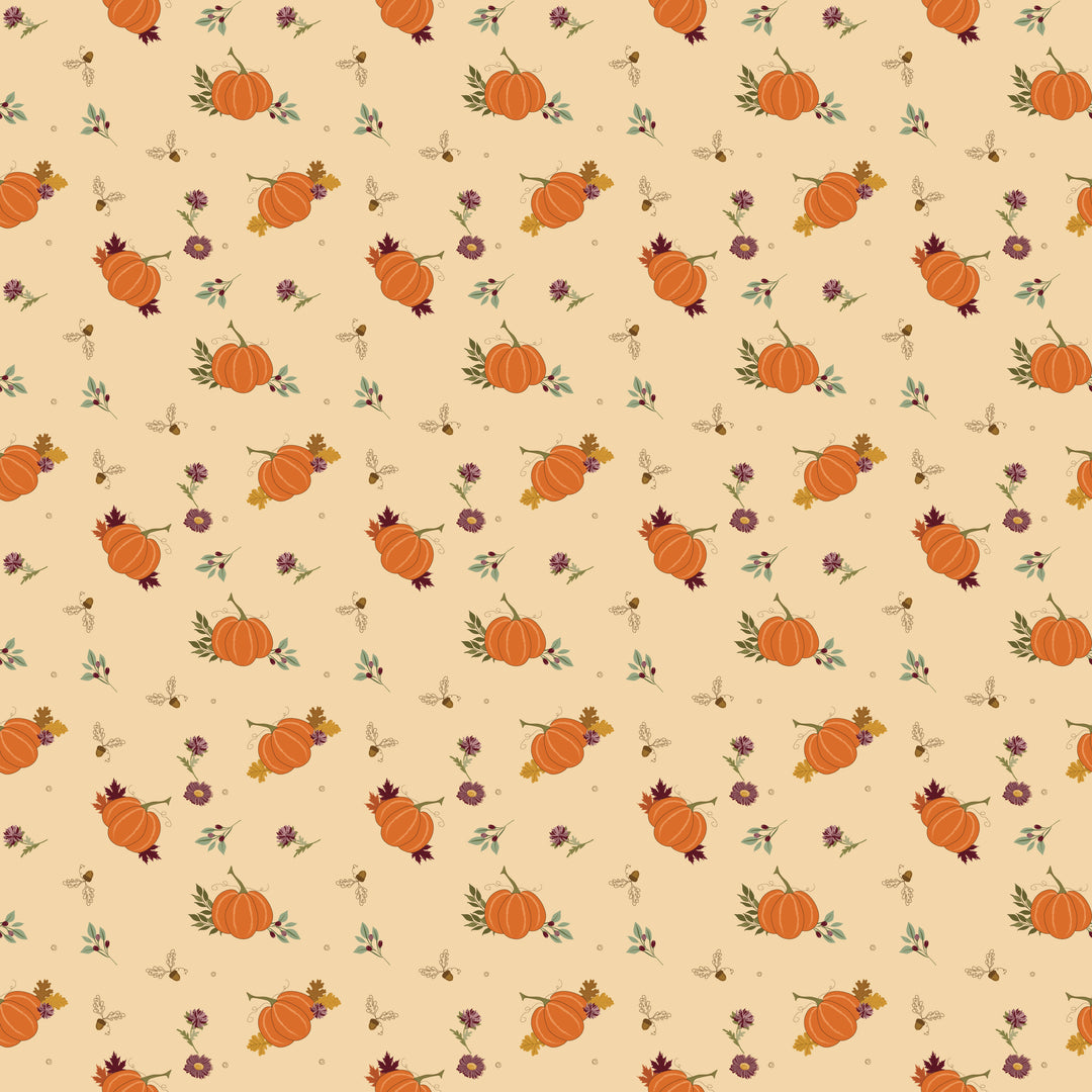 Pattern of orange pumpkins and small flowers on a beige background