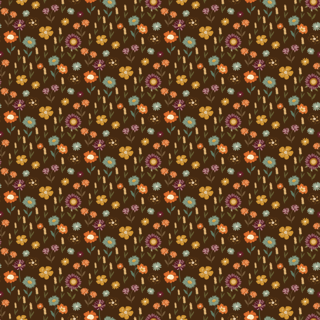 Pattern of colorful flowers on a brown background