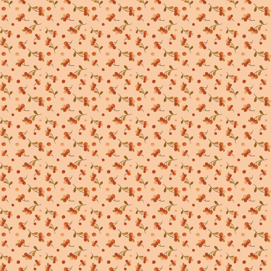 Pattern of red berries and green leaves on a peach background