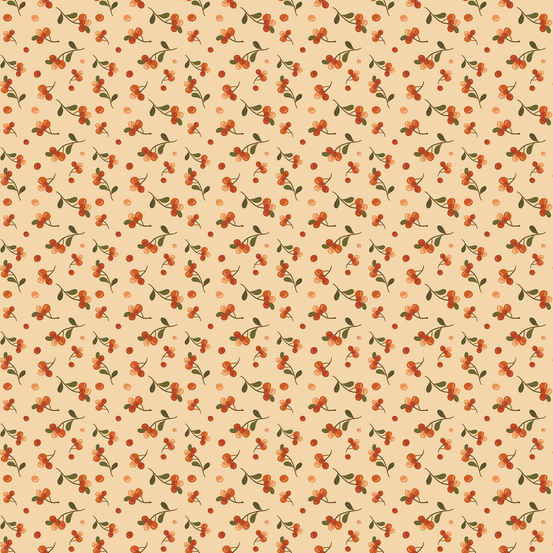 Pattern of red berries with green leaves on a beige background