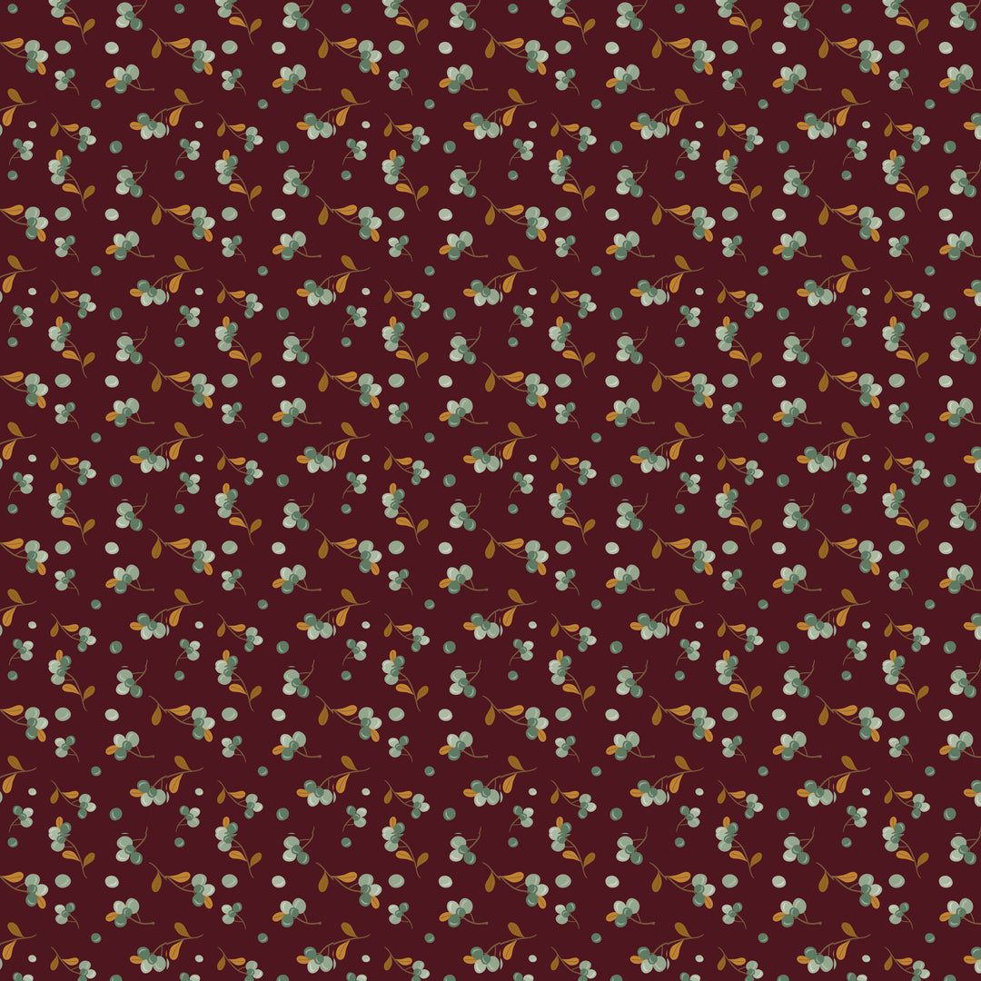Pattern of green leaves and berries on a dark purple background