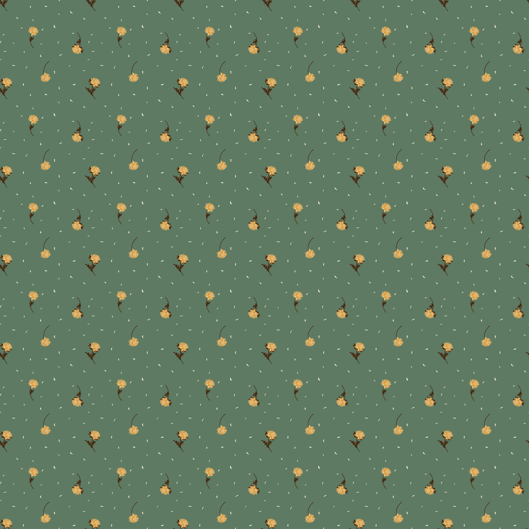 Pattern of small yellow flowers on a green background