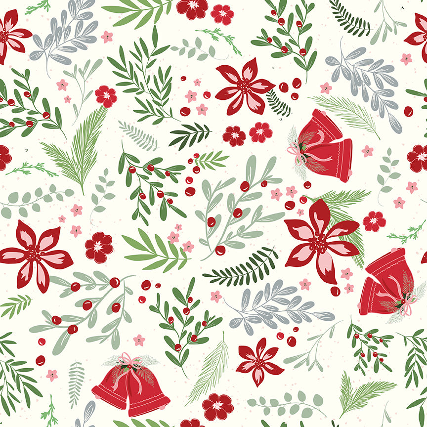 White background with green leaves, red Christmas bells, and red/pink poinsettias