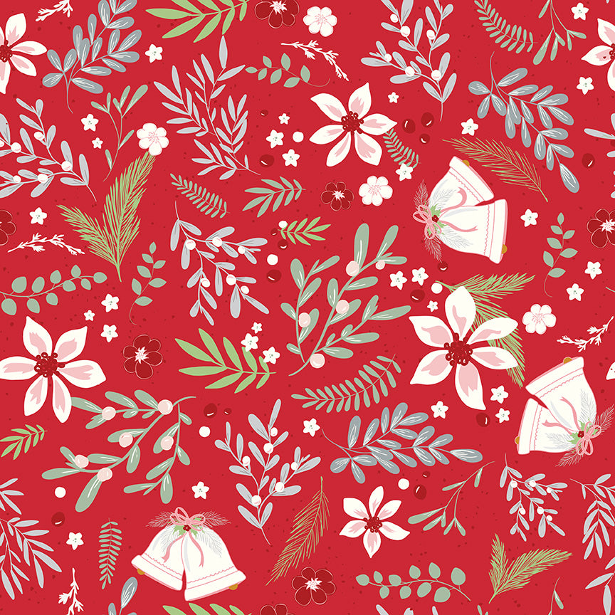 Red background with green leaves, cream Christmas bells, and white/pink poinsettias