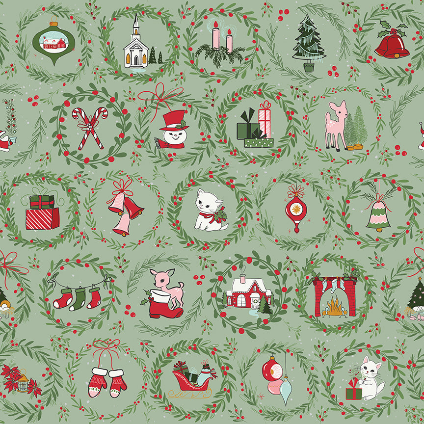 Green background with green wreaths. Inside each wreath is a different Christmas themed item. Presents, candy canes, snowman, fireplace, ornaments, bells, stockings.