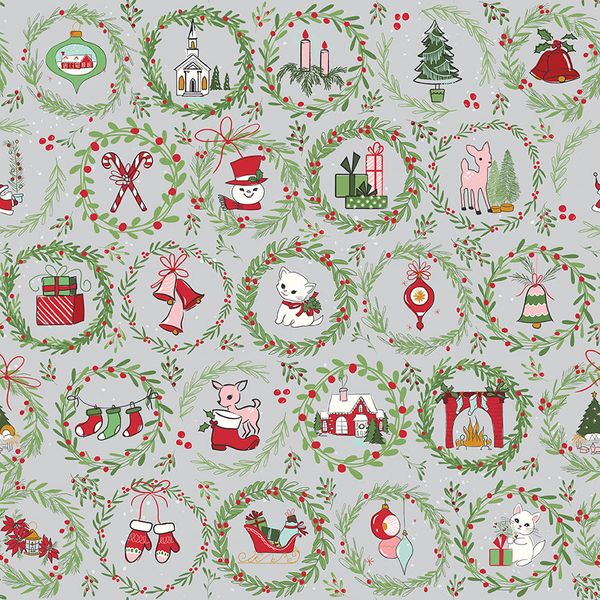 Silver background with green wreaths. Inside each wreath is a different Christmas item. Ornaments, snowmen, candy canes, presents, fireplace, mittens