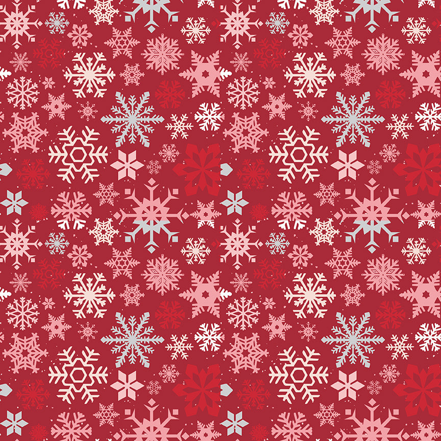 Red background with white, pink, and red snowflakes