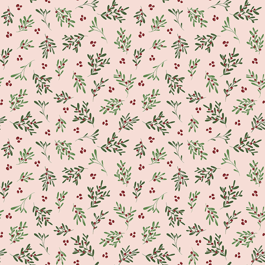 Pink background with red berries and green mistletoe