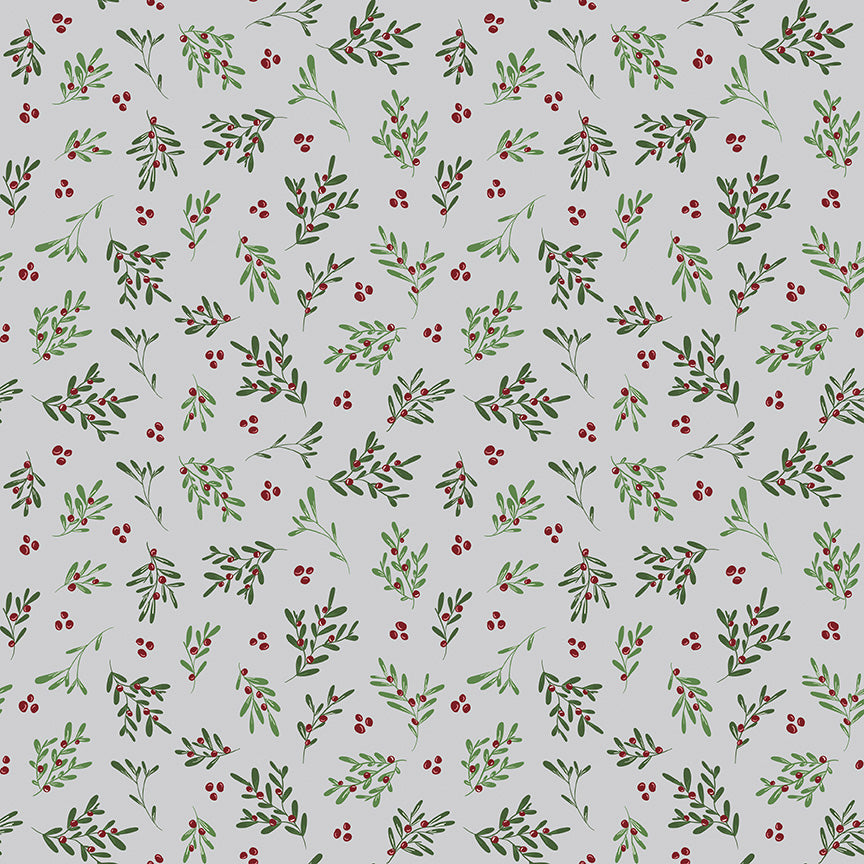 Silver background with green mistletoe and red berries