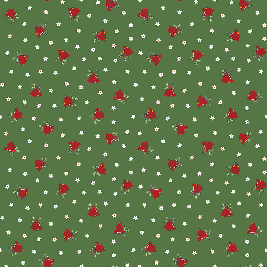 Green background with red bells and tiny white blossoms