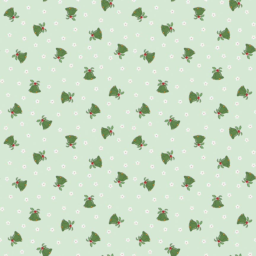 Mint background with green bells and tiny white blossoms