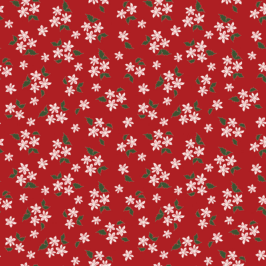 Red background with white flowers and green leaves