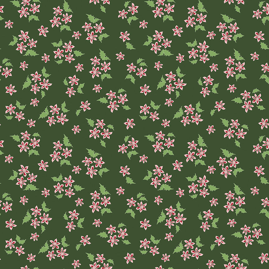 Green background with red flowers and green leaves