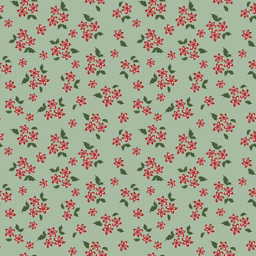 Green background with red small flowers and green leaves.