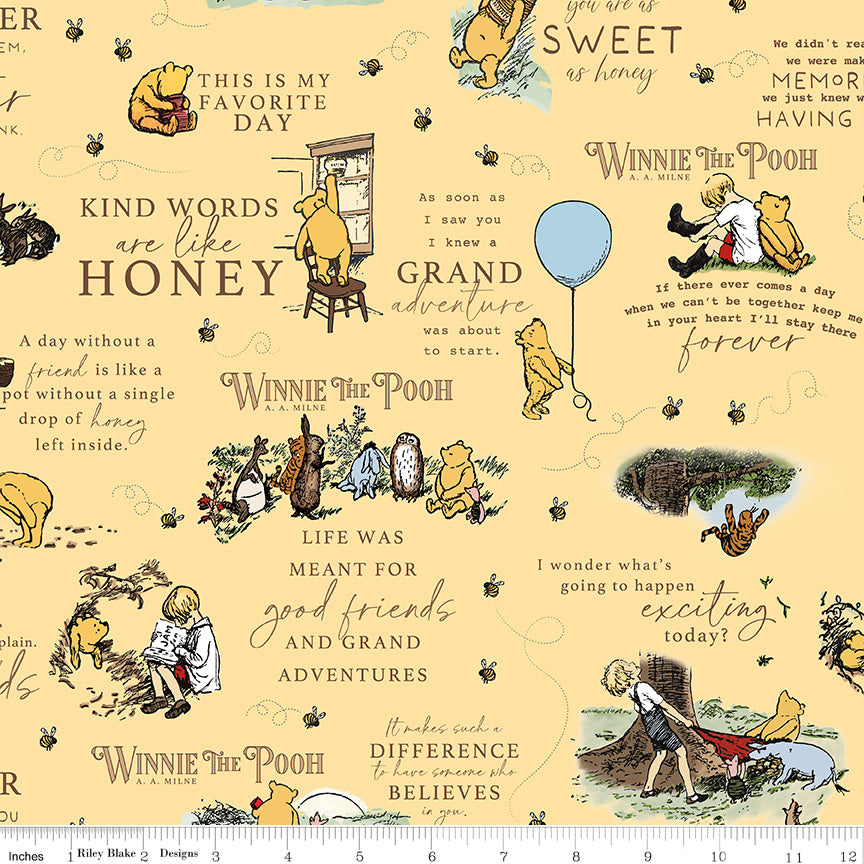 Yellow background with Winnie the Pooh and friends