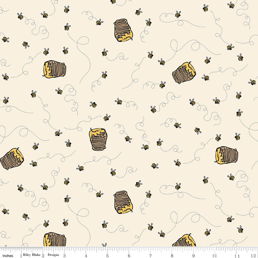 Cream background with honey pots and bees
