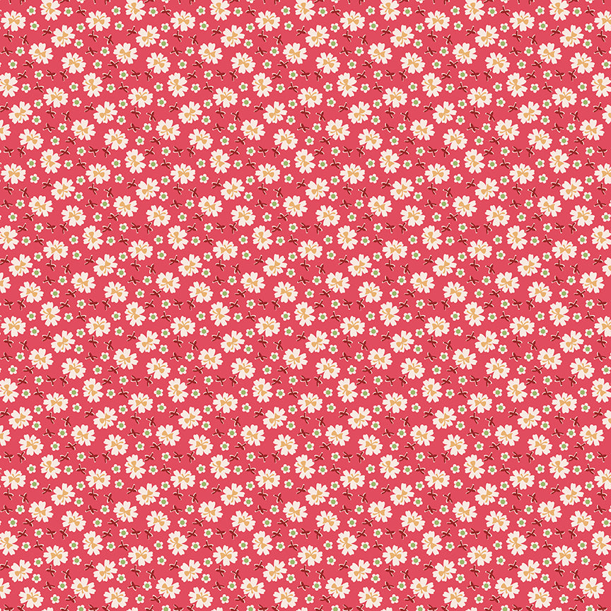 This print features flowers and crisscrosses in red