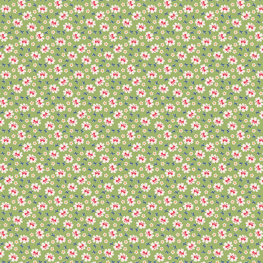 This print features flowers and crisscrosses in green