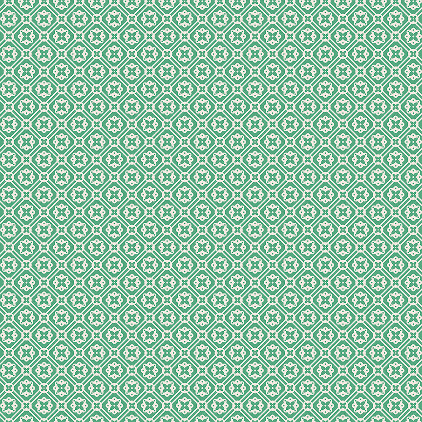 This print features a grid pattern with doilies in the center in green
