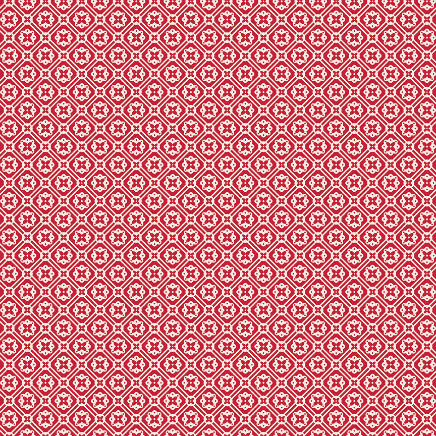 This print features a grid pattern with doilies in the center in red